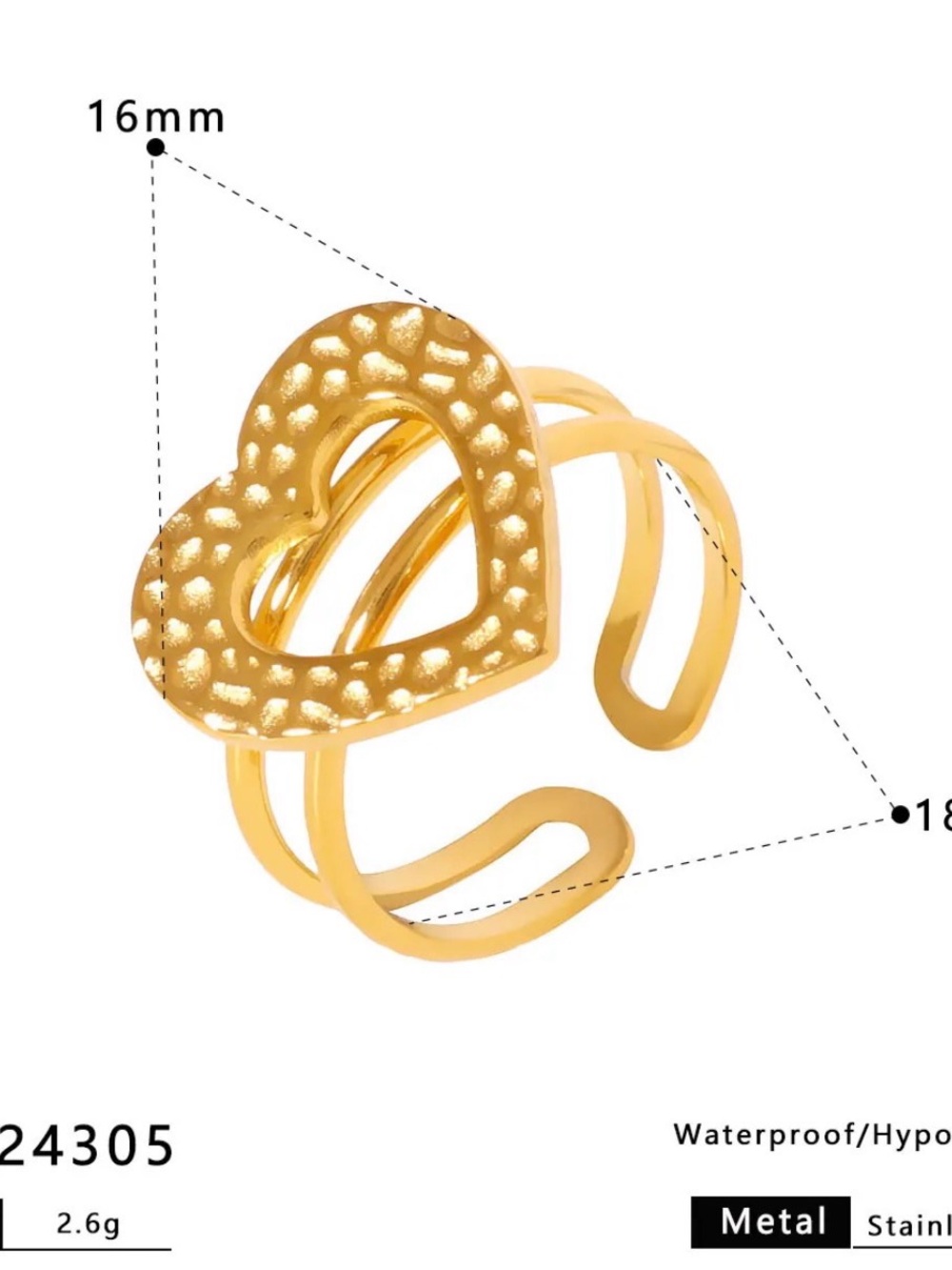 18k Gold plated Open Heart Adjustable Ring - Women Jewelry